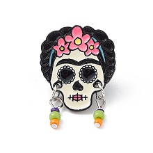 Honeyhandy Flower Skull Enamel Pin with Glass Seed Beaded, Electrophoresis Black Alloy Brooch for Backpack Clothes, Colorful, 32.5x21.6x1.8mm, Pin: 1mm