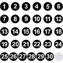 OLYCRAFT 30pcs Plastic Number Tag 49mm Round Number Brooch Black Number Tags with Pins, Label with Number 1-30 Round Number Labels for Backpack Clothes Contestant Sports Events