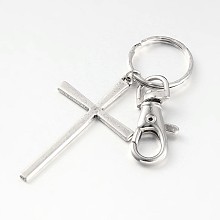 Honeyhandy Alloy Cross Keychain, with Iron Ring and Alloy Swivel Lobster Claw Clasps, Mixed Color, 88mm