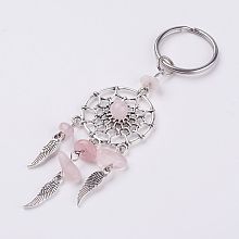 Honeyhandy Natural Chip Rose Quartz Keychain, with Tibetan Style Pendants and 316 Surgical Stainless Steel Key Ring, Woven Net/Web with Feather, 107mm, Pendant: 82x28x7mm