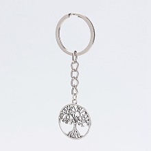 Honeyhandy Alloy Pendant Keychain, with Iron Key Ring, Platinum and Antique Silver, Flat Round with Tree, Antique Silver, 86mm