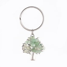 Honeyhandy Chip Natural Green Aventurine Keychain, with Antique Silver Plated Alloy Pendants and 316 Surgical Stainless Steel Split Key Rings, Tree, 55mm