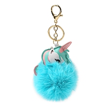 Honeyhandy Imitation Rex Rabbit Fur Ball & PU Leather Unicorn Pendant Keychain, with Alloy Clasp, for Bag Car Pendant Decoration, Cyan, 17.5cm