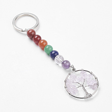 Honeyhandy Gemstone and Natural Quartz Crystal Chakra Keychain, with Alloy Key Rings and Brass Pendants, Ring with Tree of Life, Platinum, 123mm