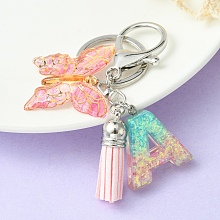 Honeyhandy Resin & Acrylic Keychains, with Alloy Split Key Rings and Faux Suede Tassel Pendants, Letter & Butterfly, Random Gradient Color, Letter A, 8.6cm