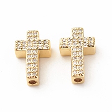 Honeyhandy Rack Plating Brass Cubic Zirconia Beads, Cadmium Free & Lead Free, Real 18K Gold Plated, Cross, Clear, 15x9x4mm, Hole: 1.7mm