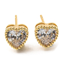 Honeyhandy Cubic Zirconia Heart Stud Earrings, Real 18K Gold Plated Brass Earrings, Cadmium Free & Lead Free, Clear, 7x7mm