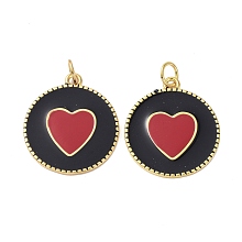 Honeyhandy Brass Enamel Pendants, Real 18K Gold Plated, Long-Lasting Plated, Lead Free & Nickel Free & Cadmium Free, Flat Round with Heart, Black, 21x18.5x1.5mm, Jump Ring: 5x0.8mm, 3.5mm Inner Diameter