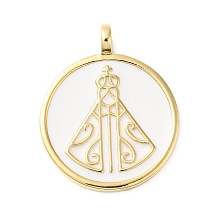 Honeyhandy Rack Plating Brass Enamel Pendants, Lead Free & Cadmium Free, Long-Lasting Plated, Real 18K Gold Plated, Flat Round with Religious Virgin Mother Mary, White, 24.5x20x2mm, Hole: 3X2.8mm