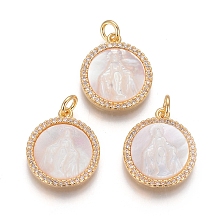 Honeyhandy Brass Pendants, with Micro Pave Cubic Zirconia, Shell and Jump Rings, Flat Round with Virgin Mary, Clear, Golden, 17.5x15x3mm, Hole: 3mm