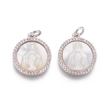 Honeyhandy Brass Pendants, with Micro Pave Cubic Zirconia, Shell and Jump Rings, Flat Round with Virgin Mary, Clear, Platinum, 17.5x15x3mm, Hole: 3mm