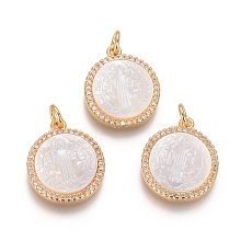 Honeyhandy Brass Pendants, with Micro Pave Cubic Zirconia, Shell and Jump Rings, Flat Round with Saint Benedict, Clear, Golden, 18x15x3mm, Hole: 3mm