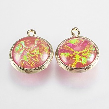 Resin Pendants, with Brass Findings, Flat Round, Light Gold, FireBrick, 19.5~20x16x7~7.5mm, Hole: 1mm