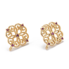 Honeyhandy Brass Stud Earring Findings, with Cubic Zirconia and Loop, Real 18K Gold Plated, Flower, Dark Violet, 13.5x12mm, Hole: 0.8mm, Pin: 0.8mm