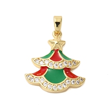 Christmas Theme Rack Plating Brass Cubic Zirconia Pendants, with Enamel, Long-Lasting Plated, Lead Free & Cadmium Free, Real 18K Gold Plated, Christmas Tree, 22x20x4mm, Hole: 4x2mm