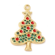 Rack Plating Brass Pave Cubic Zirconia Pendants, Real 18K Gold Plated, Long-Lasting Plated, Cadmium Free & Lead Free, Christmas Tree, Sea Green, 23x16x2.3mm, Hole: 1.2mm