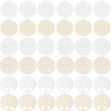 UNICRAFTALE 36Pcs 2 Colors 6 Styles Flat Round with Flower Filigree Pendants Rack Plating Brass Tree of Life Connector Charm Metal Hollow Charms for Necklace Bracelet Jewelry Making