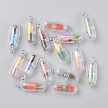 Honeyhandy Plastic Mini Capsule Pendants, with Litter Doll & Platinum Tone Iron Findings, Mixed Color, 28x11mm, Hole: 2mm