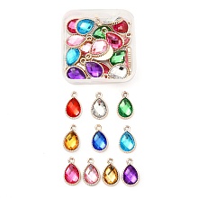 Honeyhandy 30Pcs UV Plating ABS Plastic Pendants, with Acrylic Rhinestone, Light Gold, Teardrop, Mixed Color, 21x13x5mm, Hole: 2mm