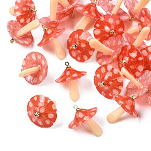 Honeyhandy Plastic Pendants, with Acrylic and Golden Plated Brass Loops, Mushroom, Orange Red, 23x19~20mm, Hole: 1.5mm