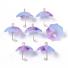 Honeyhandy Acrylic Pendants, with Golden Plated Brass Loops and ABS Plastic Imitation Pearl, Umbrella, Cornflower Blue, 20~21x20x20mm, Hole: 1.6mm