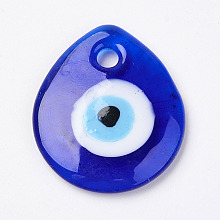 Honeyhandy Handmade Lampwork Evil Eye Pendants, Flat Teardrop, Blue, 34x30x5mm, Hole: 4mm