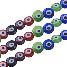 NBEADS 1 Strand (About 64pcs/Strand) Random Mixed Color Flat Round Evil Eye Lampwork Beads Handmade Glass Beads for Jewelry Making