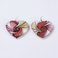 Handmade Silver Foil Lampwork Pendants, Large Hole Pendants, Heart, FireBrick, 48~49x43~44x9.5~10mm, Hole: 6.5~7.5mm