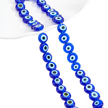 Nbeads Handmade Evil Eye Lampwork Beads Strands, Flat Round, Blue, 7.5x3mm, Hole: 1mm, about 48pcs/strand, 13.70''~14.9"(34.8cm)