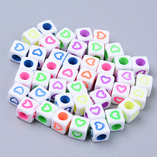 Honeyhandy Opaque White Acrylic European Beads, Large Hole Beads, Cube with Heart, Mixed Color, 7x7x7mm, Hole: 4mm, about 1900~2000pcs/500g