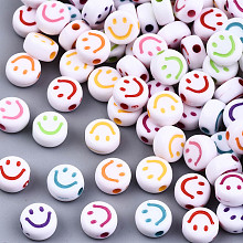 Arricraft Opaque Craft Acrylic Beads, Flat Round with Smiling Face, Mixed Color, 7x3.5mm, Hole: 1.5mm, about 4100pcs/500g