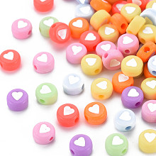 Honeyhandy Opaque Acrylic Beads, Flat Round with Heart, Mixed Color, 7x4mm, Hole: 1.5mm, about 3700pcs/500g