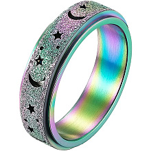 Honeyhandy Stainless Steel Moon and Star Rotatable Finger Ring, Spinner Fidget Band Anxiety Stress Relief Ring for Women, Rainbow Color, US Size 7(17.3mm)