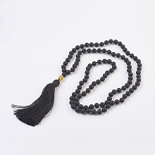 Honeyhandy Natural Black Agate Buddha Mala Beads Necklaces, with Alloy Findings and Nylon Tassels, Frosted, 109 Beads, 39.3 inch (100cm), Pendant: 115mm long