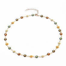 Honeyhandy Golden Brass Flower Enamel Links Chain Necklaces, with Brass Curb Chains & Lobster Claw Clasps, Colorful, 17 inch(43.1cm)