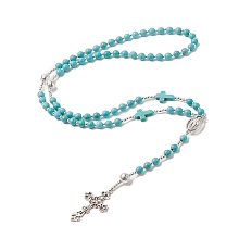 Honeyhandy Natural Lava Rock & Synthetic Turquoise Rosary Bead Necklace, Alloy Cross with Virgin Mary Pendant Necklace for Women, Dark Turquoise, 24.80 inch(63cm)