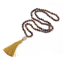 Honeyhandy Tassel Pendant Necklaces, with Natural Tiger Eye Beads, Buddha Head, 31.1 inch~33 inch(79~84cm)