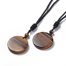 Honeyhandy Natural Tiger Eye Flat Round with Flower of Life Pendant Necklace with Nylon Cord for Women, 25.59~27.95 inch(65~71cm)