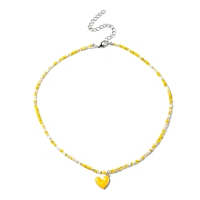 Honeyhandy Alloy Enamel Heart Charm Necklace, Glass Seed Beaded Necklace for Women, Yellow, 17.13 inch(43.5cm)