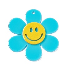 Honeyhandy Opaque Acrylic Big Pendants, Sunflower with Smiling Face Charm, Cyan, 55x50.5x5mm, Hole: 2.5mm