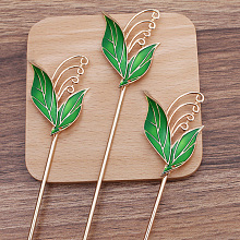 Honeyhandy 4 Loop Iron Hair Stick Finding, with Alloy Enamel Leaf, Light Gold, for Dagling Hairpin, Hairstick with Taseel Making, Lime Green, Pin Size: 120x2.5mm