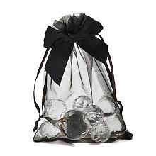 Honeyhandy Rectangle Lace Organza Drawstring Gift Bags, with Bowknot, for Wedding Party Storage Bags, Black, 15x10x0.05cm