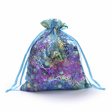 Honeyhandy Organza Gift Bags, Drawstring Bags, with Colorful Coral Pattern, Rectangle, Dark Turquoise, 7x5cm