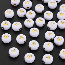 Honeyhandy Plating Acrylic Beads, Metal Enlaced, Flat Round with Heart, Golden Plated, 6.5~7x3.7mm, Hole: 1.8mm, about 3650pcs/500g