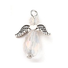 Honeyhandy Electroplate Glass Pendants, with Wing Alloy Beads and Iron Findings, Angel, Antique Silver & Platinum, Clear, 27~29x20x9~10mm, Hole: 2.5mm