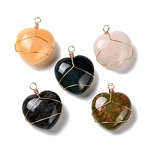 ARRICRAFT Natural Mixed Stone Pendants, with Real 18K Gold Plated Eco-Friendly Copper Wire, Heart, 37x31x15mm, Hole: 4mm