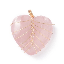 Honeyhandy Natural Rose Quartz Pendants, with Real 18K Gold Plated Eco-Friendly Copper Wire, Heart, 34x30.5x17mm, Hole: 5.5mm