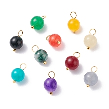 Honeyhandy Natural White Jade Charms, with Platinum Tone Brass Loops, Round, Dyed, Golden, 13x7.5mm, Hole: 3.3mm