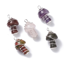 Honeyhandy Natural Mixed Gemstone GuaSha Stone Pendants, with Eco-Friendly Copper Wire Wrapped, Mushroom, Silver, 28x17mm, Hole: 2.5mm