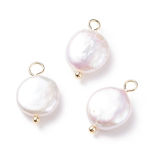 Honeyhandy Natural Baroque Pearl Keshi Pearl Pendants, Cultured Freshwater Pearl, with Brass Loops, Flat Round, Floral White, Golden, 17.5x11x4.5mm, Hole: 2.1~3.1mm